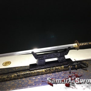 1095 Folded Steel Ninjato Sword, Custom Ninja Sword for Sale with Black and Gold Saya, Full Tang Ninjato Blade with Kiriha Zukuri Kissaki