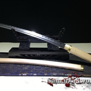Handforged Wakizashi Sword with Maple Wood Saya, Japanese Samurai Wakizashi with Brass Fittings, Clay Tempered Steel T10 Wakizashi Blade