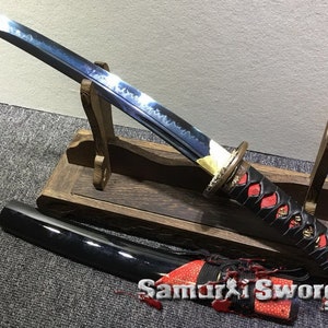 Buy Japanese Tanto Knife with Blue Acid Dye, Handmade Tanto Sword with Double Bohi, Clay Tempered Steel T10 Tanto Blade with Hadori Polish
