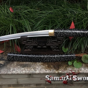 1060 Carbon Steel Wakizashi & Tanto, Samurai Swords for Sale with Black Snowflake Print Hardwood Saya