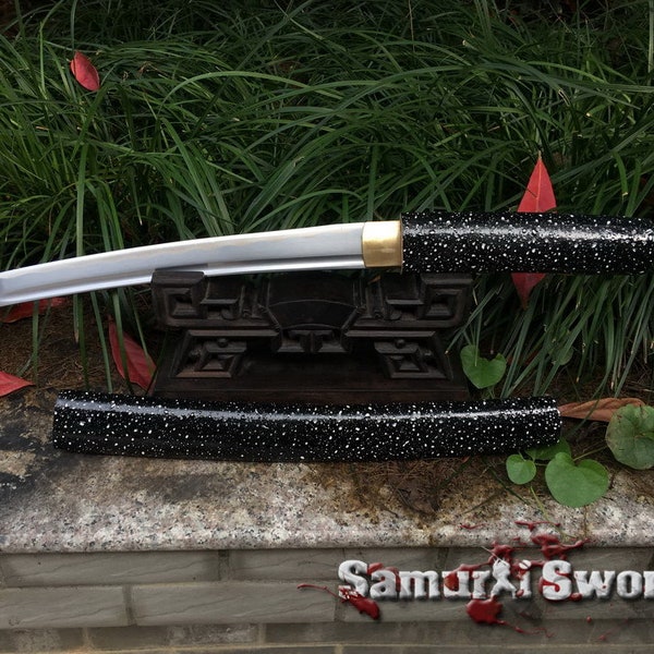 1060 Carbon Steel Wakizashi & Tanto, Samurai Swords for Sale with Black Snowflake Print Hardwood Saya
