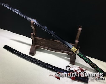 Hand forged Katana for Sale, T10 Katana Blade with Black Acid Dye, Real Katana Sword with Engraved Dragon Saya, Custom Katana Blade for Sale