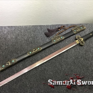 Hand Made Chinese Dao Sword with Metal Fittings, 1095 Folded Steel Chinese Sword with Ebony Wood Scabbard, Chinese Dao Blade w/ Red Acid Dye