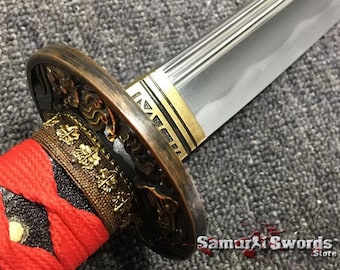Japanese Katana Sword Folded Clay Tempered Tamahagane Steel with Hadori Polish and Red Rayskin Saya