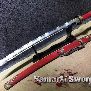 T10 Chinese Dao Sword, Real Chinese Dao for Sale with Red Ray Skin Scabbard, Clay Tempered Steel Chinese Sword