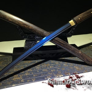 Samurai Shirasaya Wakizashi with Blue Acid Dye, T10 Shirasaya Wakizashi Blade with Straight Hamon, Wakizashi Sword with Ebony Wood Saya