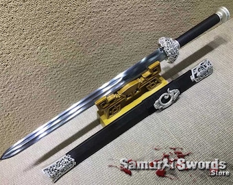 Real Chinese Jian Sword with Zinc Fittings, Buy Chinese Sword with Ebony Wood Scabbard, Full Tang 9260 Spring Steel Jian Blade