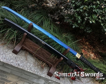 Clay Tempered T10 Japanese Katana Blade, Hand Made Samurai Katana with Blue Acid Dye, Shinken Katana Sword with Glossy Black Saya