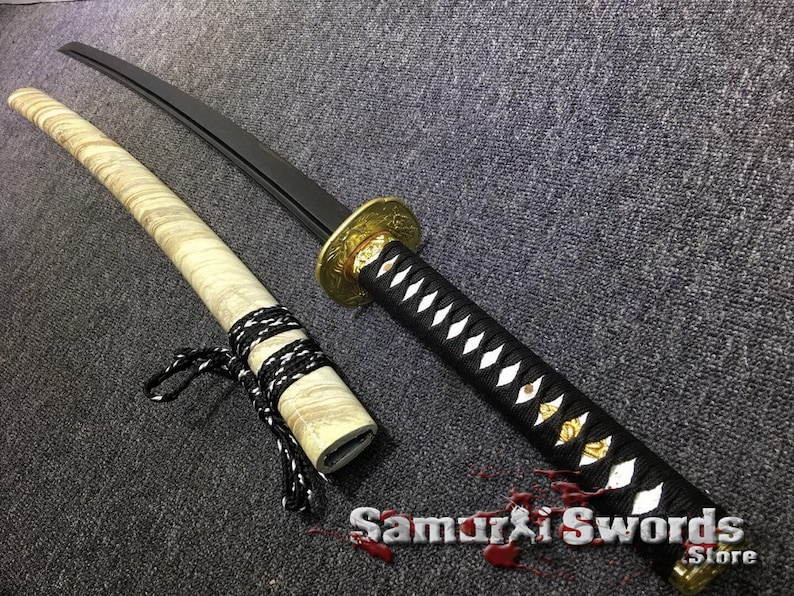 T10 Clay Tempered Steel Katana Samurai Sword, Full Tang Real Katana Blade with Red and Black Acid Dye, Buy Katana with Marble Pattern Saya image 9