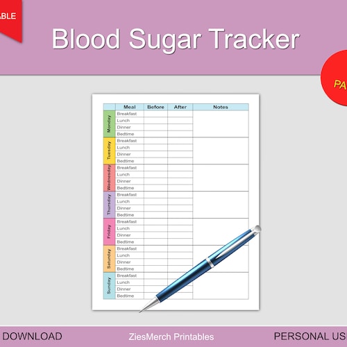 Blood Sugar Tracker Printable for Health Medical Fitness Etsy