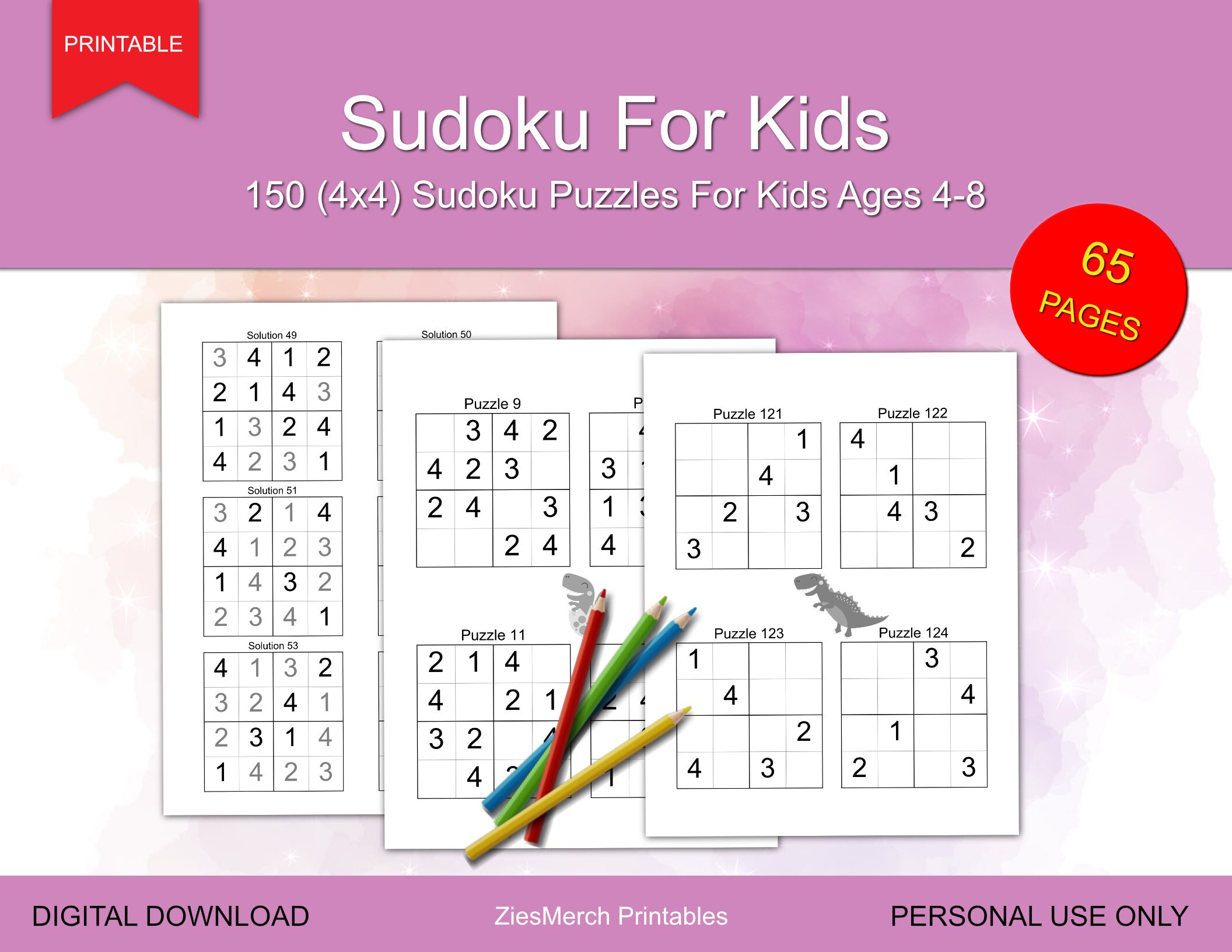 dinosaur sudoku for kids 150 4x4 sudoku puzzles for kids etsy