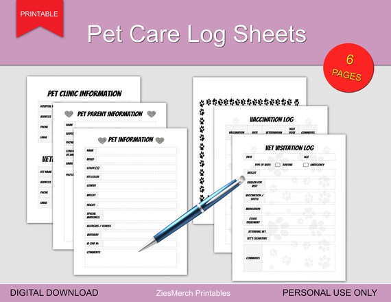 Pet Care Log Sheets Printable Download - Etsy