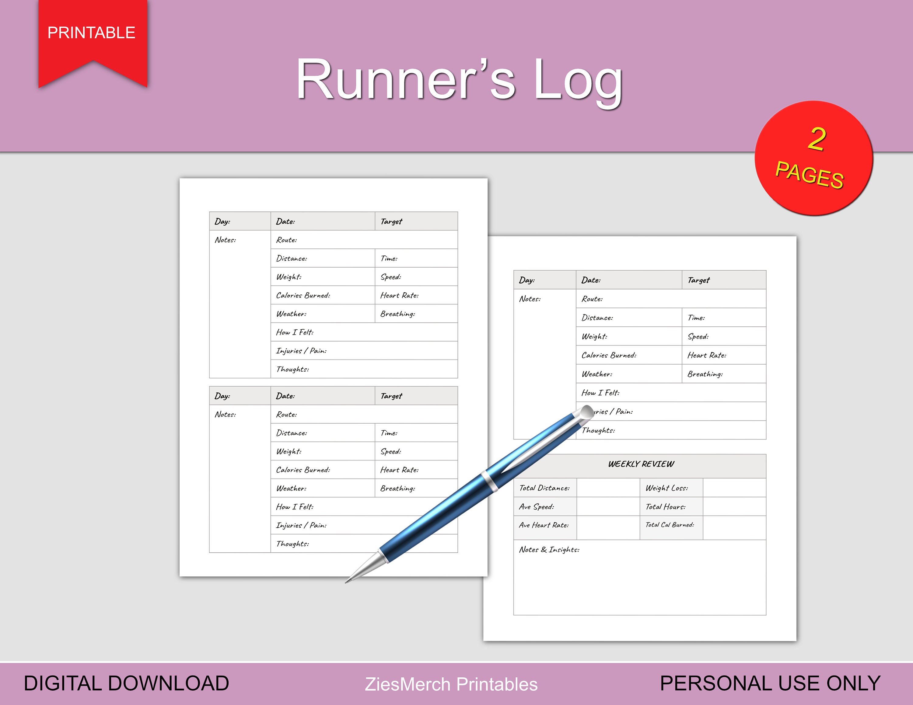Runner's Log Printable Download Etsy