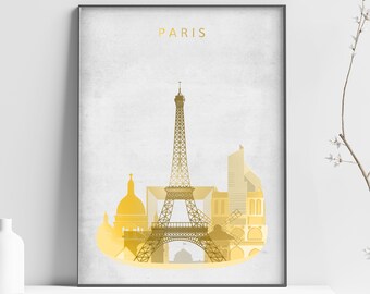 PARIS Skyline art - Gold Paris - Paris skyline - Paris GIFT - Paris watercolor print - Paris wall art - Paris travel poster - home decor