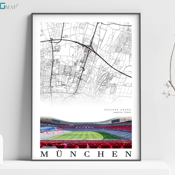 Stadtplan von MÜNCHEN - FC Bayern München - Allianz Arena Stadion - Home Decor Allianz Arena - Allianz Arena Poster - Fußballstadion Bayern