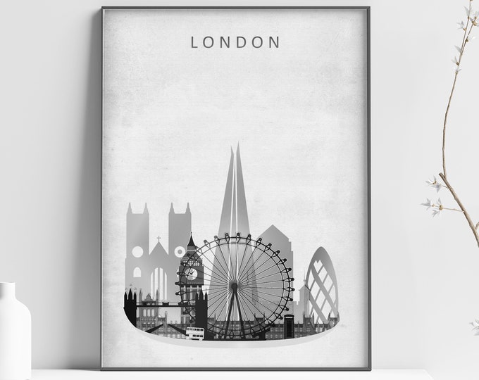 LONDON Skyline art - Vintage dark - LONDON poster - London skyline - London gift - London watercolor print - London wall art - London travel