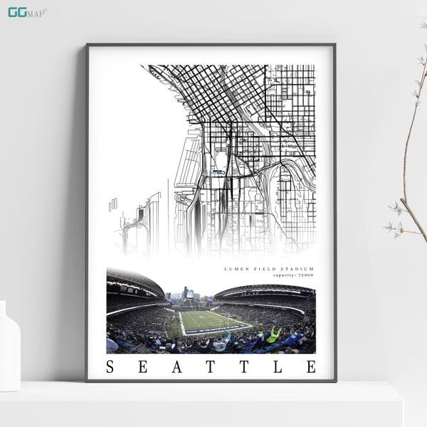 City map of SEATTLE - Lumen Field Stadium - Seattle Seahawks gift - Lumen Field Stadium wall decor - Seattle poster - Print map -