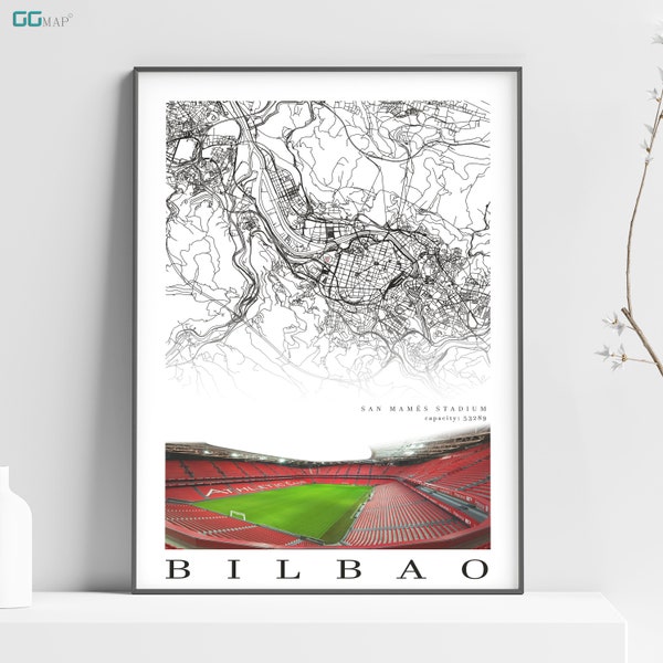 Plan de la ville de BILBAO - Stade San Mamés - Décoration d'intérieur San Mamés - Décoration murale - San Mamés - Cadeau de l'Athletic Bilbao - Carte imprimée - Carte GG