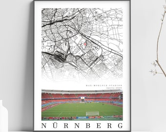 Stadtplan von NÜRNBERG - Max-Morlock-Stadion - Home Decor Max-Morlock-Stadion - Print Map - Frankengeschenk Geschenk - 1. FC Nürnberg Stadion