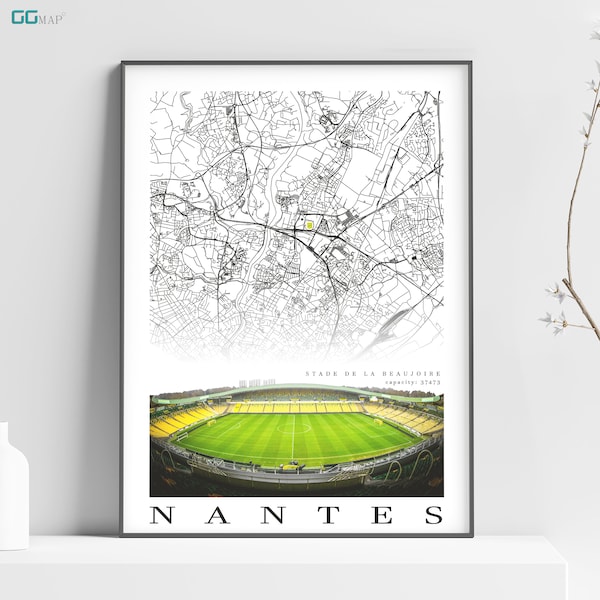 Plan de la ville de NANTES - Stade de la Beaujoire - Décoration d'intérieur Stade de la Beaujoire - Cadeau Stade de la Beaujoire - Impression du plan - Stade de Nantes