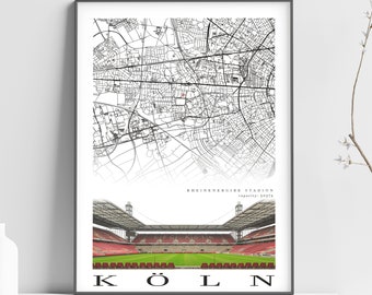 Stadtplan von KOLN – RheinEnergie Stadion – Heimdekoration RheinEnergie Stadion – Wanddekoration – RheinEnergie Stadion Geschenk – Karte drucken – 1. FC Köln