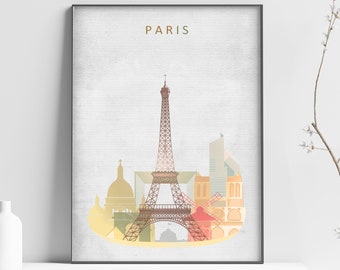 PARIS Skyline art - Vintage colors - Paris skyline - Paris GIFT - Paris watercolor print - Paris wall art - Paris travel poster -home decor