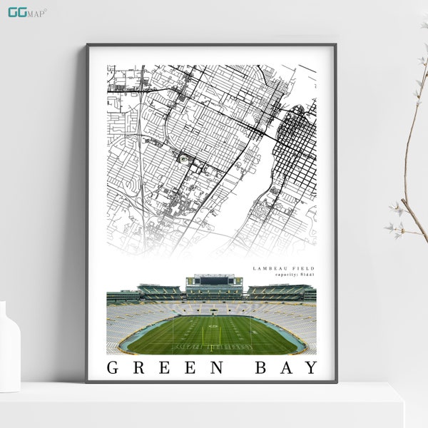 Plan de la ville de GREEN BAY - Lambeau Field - Décoration d'intérieur Green Bay - Décoration murale Lambeau Field - Packers de Green Bay - Impression de la carte -