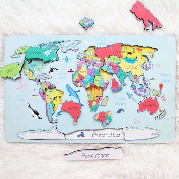 World map puzzle Wooden map of the world Unique Christmas gift for kids 3, 4, 5, 6 year olds Montessori puzzle for child Animal world map