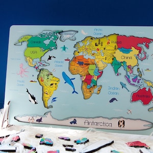 World Map Puzzle, Wooden Map Puzzle for Kids, Handmade Wooden Map Puzzle  With Continents and Oceans, Learning Puzzle 