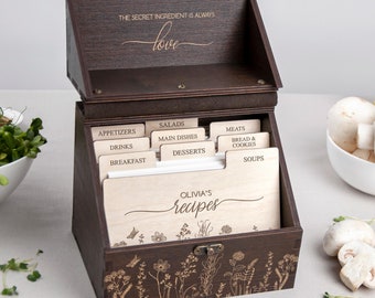Caja de recetas familiar Heirloom, caja de madera personalizada para recetas, 4 x 6 x 5 x 7 pulgadas, regalo de San Valentín para esposa, caja de almacenamiento de recetas personalizada, regalo para ella