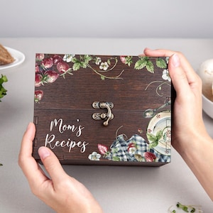 Caja de recetas personalizada con divisores y tarjetas de 4x6 y 5x7, caja de tarjetas de recetas personalizada, soporte de tarjetas de recetas de madera, regalo de Navidad de cocina para mamá