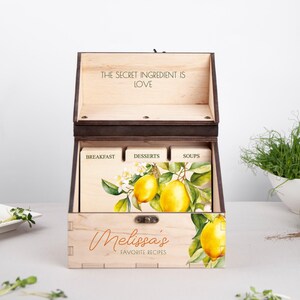 Receptkaartdoos gepersonaliseerde houten receptendoos 4 x 6 5 x 7 met verdelers en receptkaarten citroen citrus vrijgezellenfeest cadeau voor schoondochter, haar