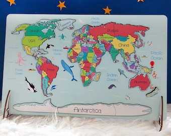 Kids World Map Puzzle Montessori Game Wooden Map of the World Eco Friendly Gift for Children Christmas Gift Game Room Gift Animal World Map