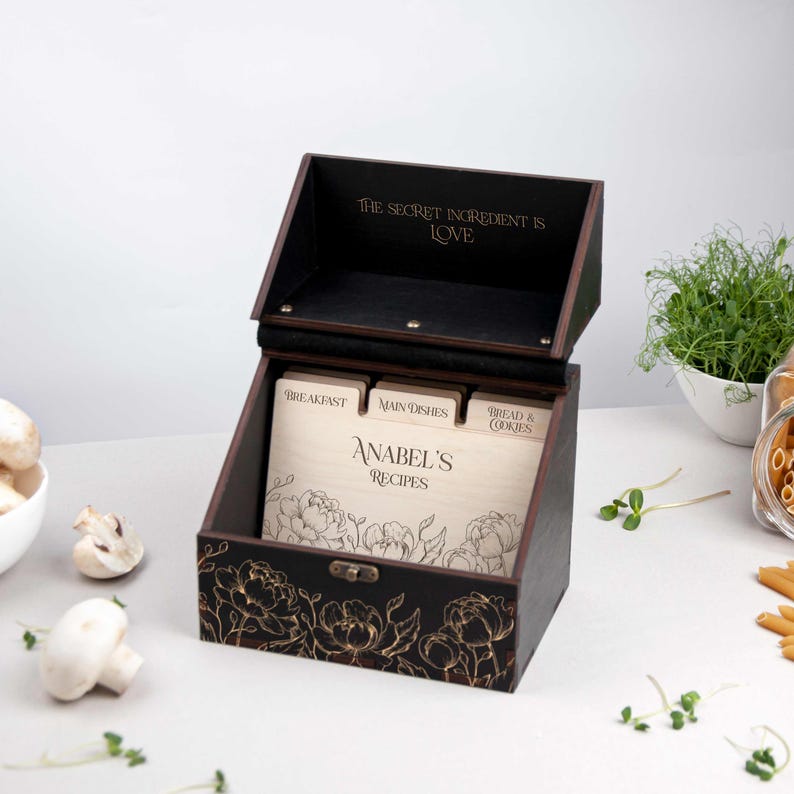 Personalized Wooden Recipe Box With Recipe Cards, Engraved Floral ...