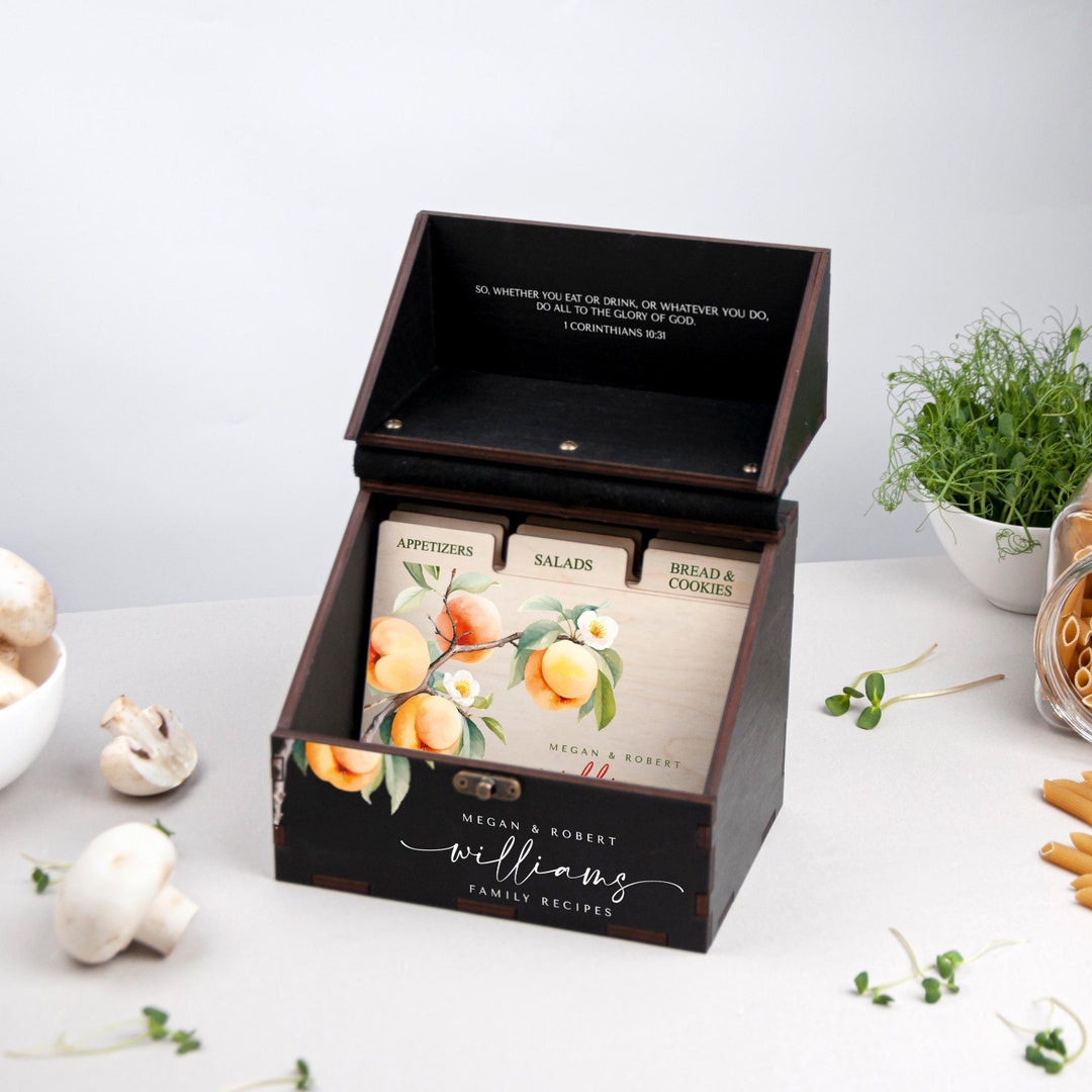 Personalized Wooden Recipe Box With Dividers and Cards, Custom Recipe ...