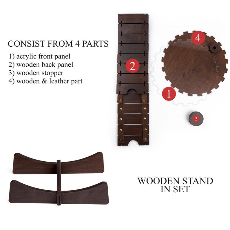 May include: Wooden stand for a katana sword, consisting of four parts: an acrylic front panel, a wooden back panel, a wooden stopper, and a wooden and leather part. The stand is made of dark brown wood and has a simple, elegant design.  The stand is labeled "WOODEN STAND IN SET".