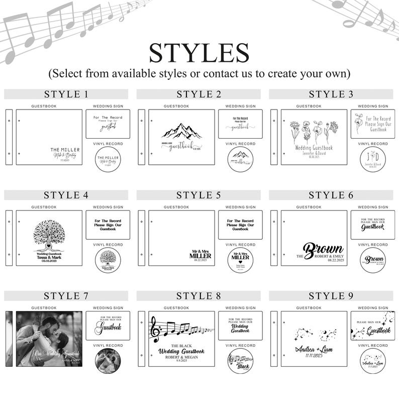 May include: Nine different styles of wedding guest book designs. Each design features a unique illustration and the text "Guestbook" and "Wedding Sign".