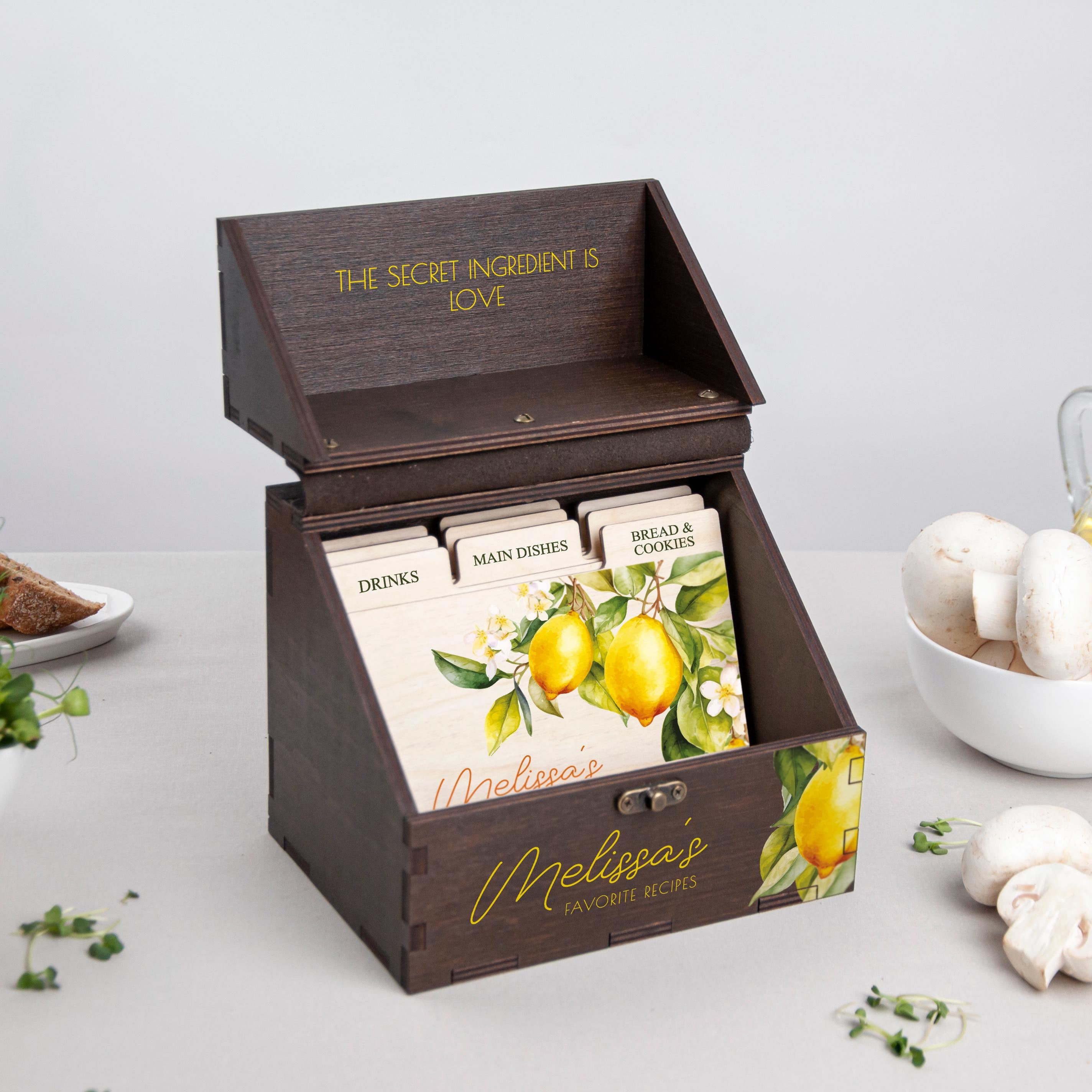 Personalized recipe box with dividers & cards Custom wood recipe boxes Handmade recipe keepsake storage box for family recipes Lemon Design