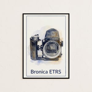 May include: Watercolor painting of a vintage Bronica ETRS camera. The camera is depicted in shades of black, gray, and brown, with intricate details. The artwork is framed with a black border and the name "Bronica ETRS" is printed below.