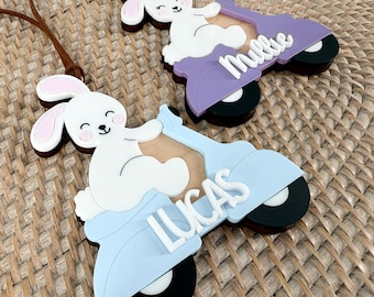 Etiqueta de canasta de Pascua personalizada / Etiqueta de nombre personalizada / Etiqueta de conejito en scooter / Etiqueta de canasta de primavera / Etiqueta de nombre de canasta de Pascua para niños