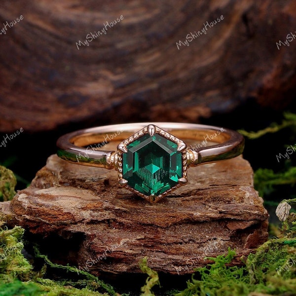 Emerald Engagement Ring/ Vintage Hexagon Cut 6mm Emerald Wedding Ring/ 14k Rose Gold Bridal Ring/ Emerald Anniversary Ring Gift/Promise Ring