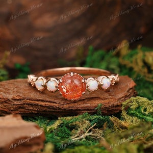 Half Eternity Wedding Ring/ 18k Gold Sunstone Engagement Ring/ Round Cut 6mm Sunstone Unique Ring/ Opal Ring/ Art Deco Women Promise Ring