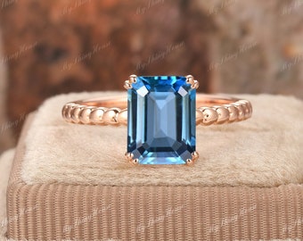 10k Plain Gold Natural London Blue Topaz Ring,Minimalist Wedding Ring,Emerald Cut 7x9mm Toapz Engagement Ring,Unique Women Ring,Vintage Ring