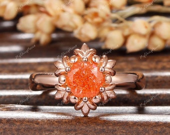 Natural Sunstone Engagement Ring/ 14k Rose Gold Floral Shape Sunstone Ring/ Solitaire Orange Gems Ring/ Antique Ring/ Anniversary Ring Gift