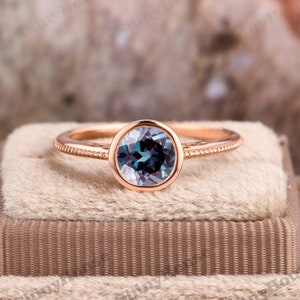 14k Rose Gold Wedding Ring/ Minimalist Engagement Ring/ Alexandrite Wedding Ring/ Art Deco Ring/ Round Cut 6.5mm Alexandrite Ring/ Gold Ring
