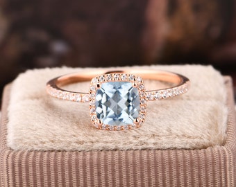 Natural Aquamarine Ring/ Halo Engagement Ring/ 14k Plain Gold Wedding Ring/Unique Anniversary Ring/Cushion Cut 6x6mm Aquamarine Bridal Ring