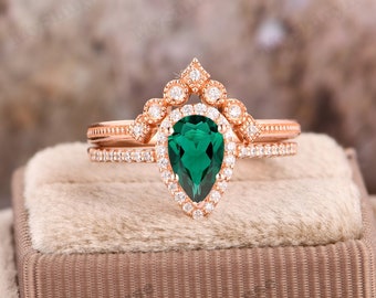 Emerald Bridal Set/ Rose Gold Ring For Women/ Pear Cut 5x8mm Emerald Engagement Ring/Vintage Ring Set/Emerald Wedding Ring Set/Art Deco Ring