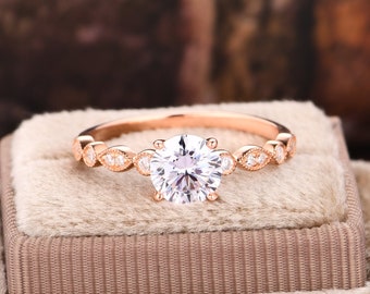 Round Cut 6.5mm Moissanite Ring/ 14k Solid Gold Engagement Ring/ Vintage Wedding Ring/ Half Eternity Ring/ Dainty Moissanite Bridal Ring