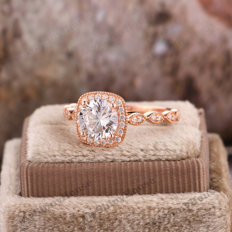 Half Eternity Wedding Dainty Ring Rose Gold Ring For Women Round Cut 7mm Moissanite Ring Halo Moissanite Ring 14K Gold Engagement Ring