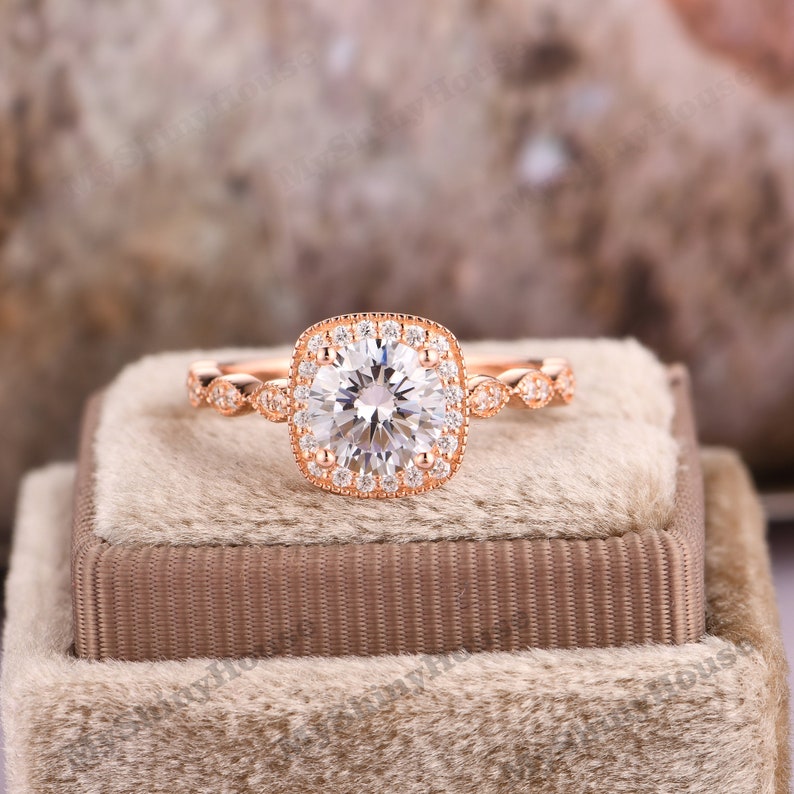 Half Eternity Wedding Dainty Ring Rose Gold Ring For Women Round Cut 7mm Moissanite Ring Halo Moissanite Ring 14K Gold Engagement Ring